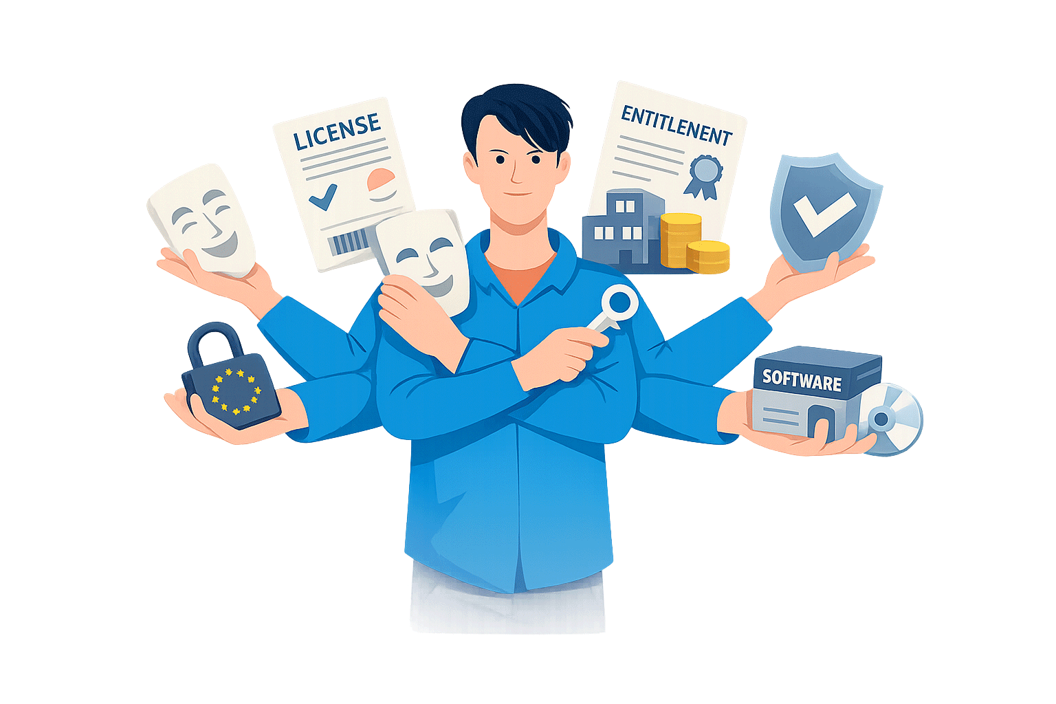 person with locks, masks keys and software